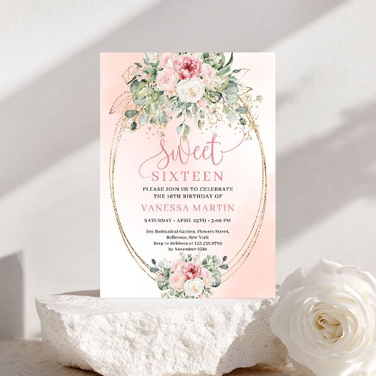 Printable Blush and Gold Sweet 16 Party Invitation Kaart