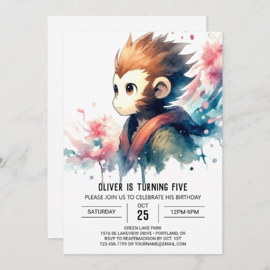 Printable Bohemian Monkey Birthday Kaart (Voorkant / Achterkant)