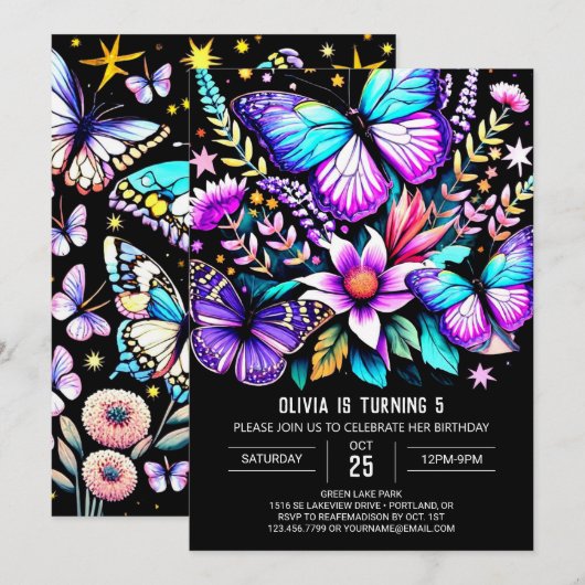 Printable Bohemian Vibrant Butterfly Verjaardag Kaart (Voorkant / Achterkant)