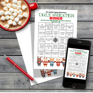 Printable Christmas Bingo-Ugly Sweater Party Game Kaart