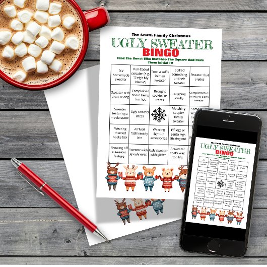 Printable Christmas Bingo-Ugly Sweater Party Game Kaart