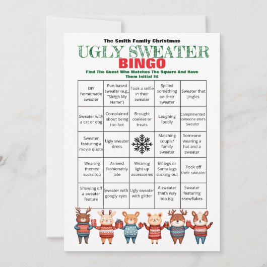 Printable Christmas Bingo-Ugly Sweater Party Game Kaart (Voorkant)