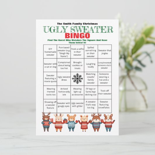 Printable Christmas Bingo-Ugly Sweater Party Game Kaart (Staand voorkant)