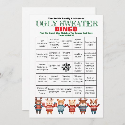Printable Christmas Bingo-Ugly Sweater Party Game Kaart (Voorkant / Achterkant)