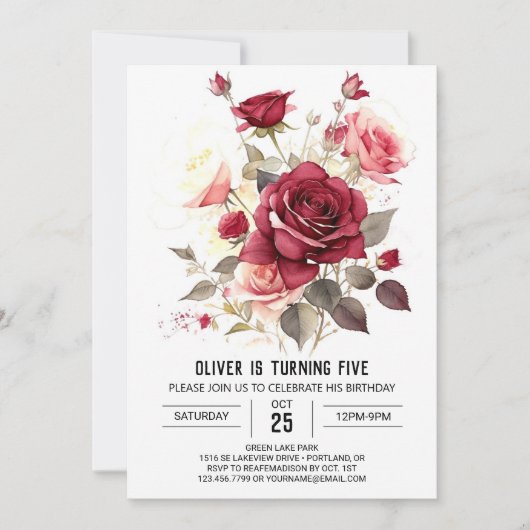 Printable Custom Bourgogne Bloemen Verjaardag Kaart (Voorkant)