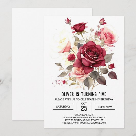 Printable Custom Bourgogne Bloemen Verjaardag Kaart (Voorkant / Achterkant)