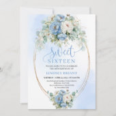 Printable Dusty Blue Floral Gold Sweet 16 Birthday Kaart (Voorkant)