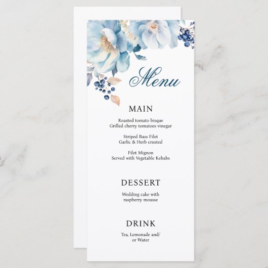 Printable Dusty Blue Florals Bruiloft Menu (Voorkant / Achterkant)