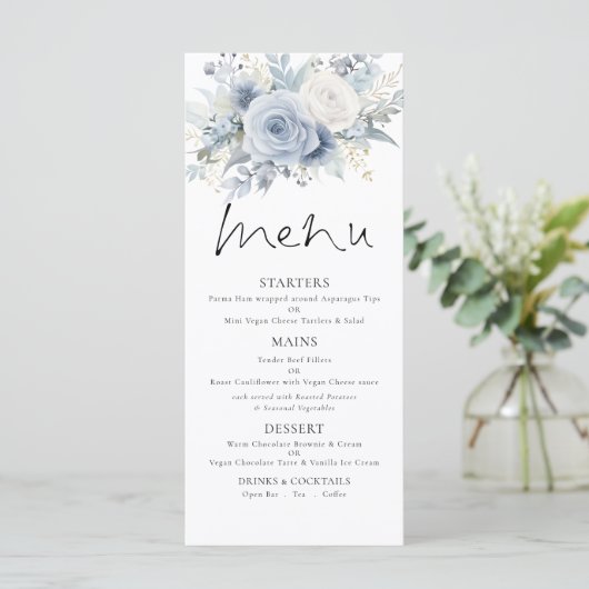 Printable Dusty Blue FloralsWedding Thank You Menu (Staand voorkant)