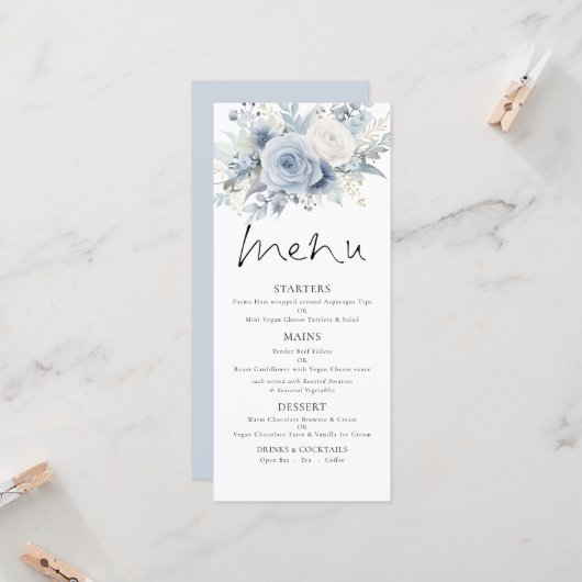 Printable Dusty Blue FloralsWedding Thank You Menu (Voorkant / Achterkant in situ)