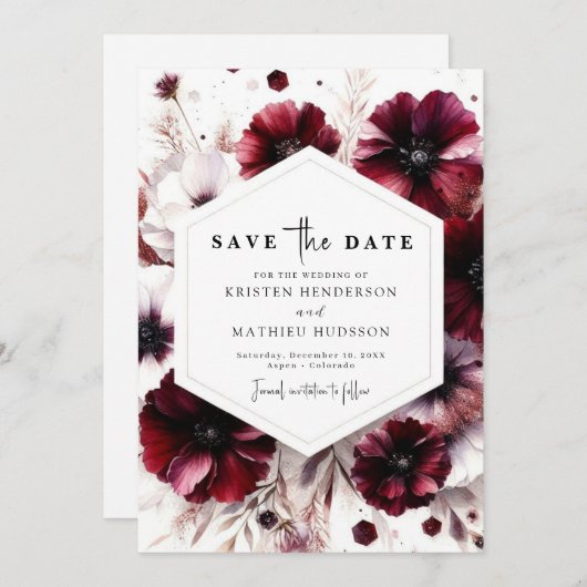 Printable Elegant Bourgondische bruiloft Save The Date (Voorkant / Achterkant)
