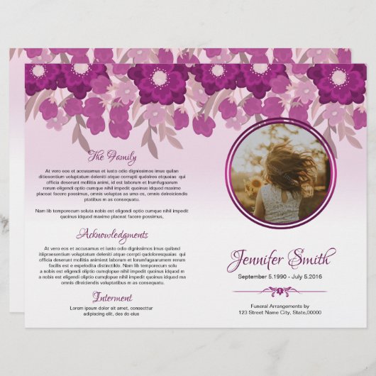 Printable Floral Funeral Program Sjabloon (Voorkant / Achterkant)