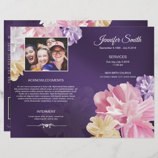 Printable Floral Funeral Program Sjabloon (Voorkant / Achterkant)