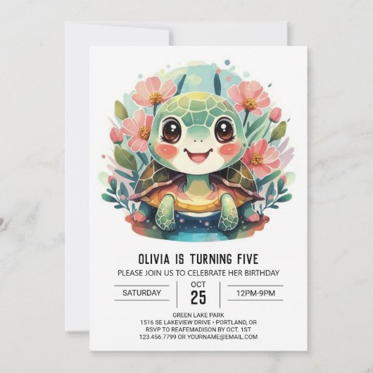 Printable Fun Turtle Meisje Verjaardag Kaart (Voorkant)