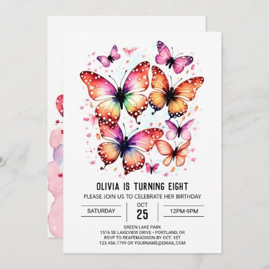 Printable Girly Vlinder Meisje Verjaardag Kaart (Voorkant / Achterkant)