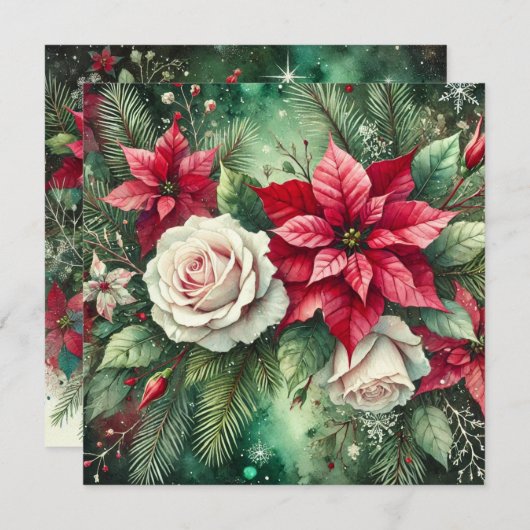 Printable grillige winter poinsettia evergreen kaart (Voorkant / Achterkant)