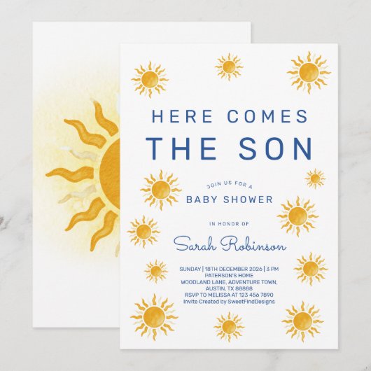 Printable Here Comes The Son Baby Shower Kaart (Voorkant / Achterkant)