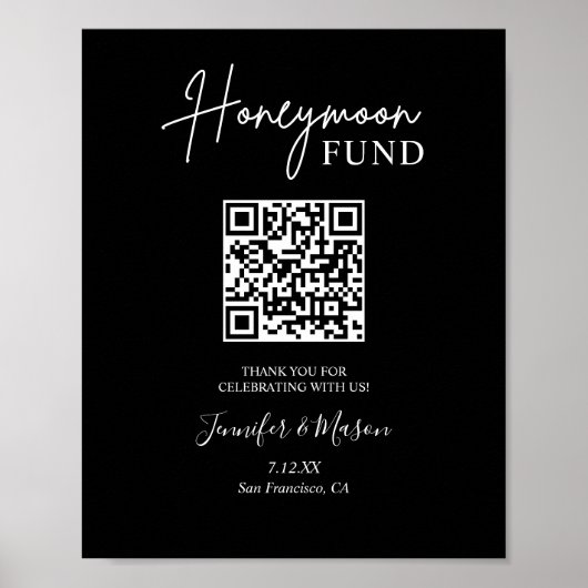 Printable Honeymoon Fund Sign QR Code Black Poster (Voorkant)