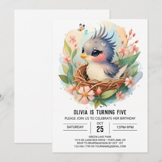 Printable Kinderen Vogel Verjaardag Kaart (Voorkant / Achterkant)