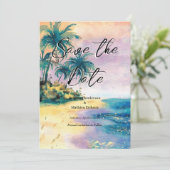 Printable romantische strand bruiloft save the date (Staand voorkant)