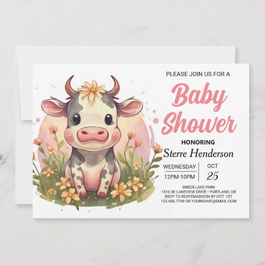 Printable Schattige Barnyard Koe Baby shower Kaart (Voorkant)