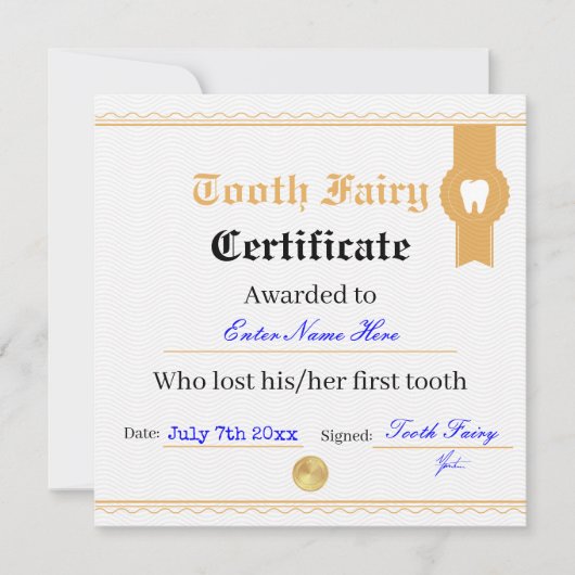 Printable Tooth Fairy Certificate Sjabloon Kaart (Voorkant)