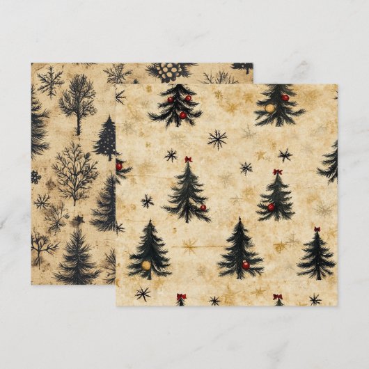 Printable Vintage Christmas Evergreen Pine Trees Kaart (Voorkant / Achterkant)