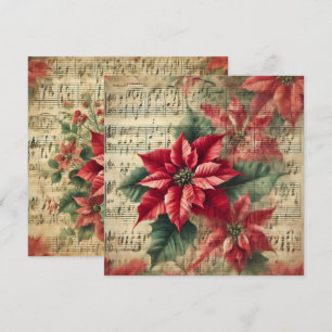 Printable Vintage Christmas Poinsettia Bladmuziek Kaart