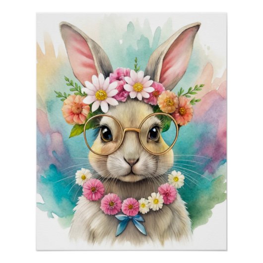 Printable Watercolor Cute Rabbit Wall Poster Art (Voorkant)