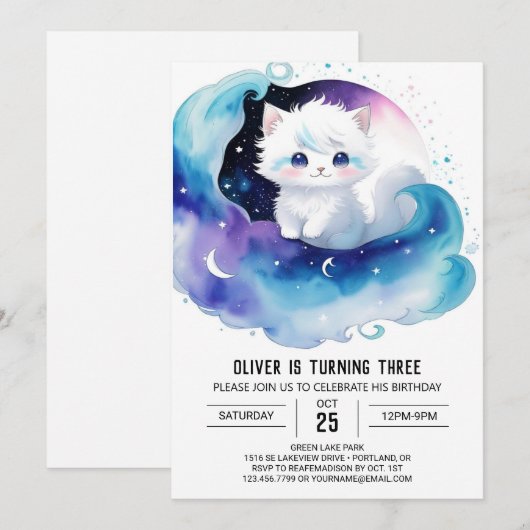 Printable Whimsical Kat Verjaardag Kaart (Voorkant / Achterkant)