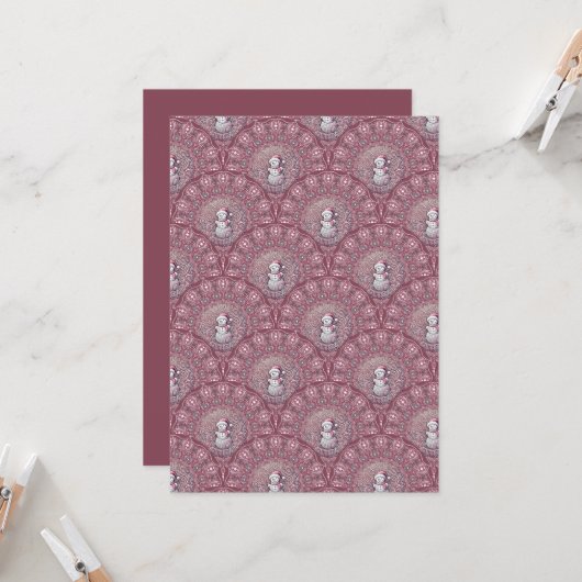 Printable Whimsical Pink Snowman Mandala Scallop Kaart (Voorkant / Achterkant in situ)