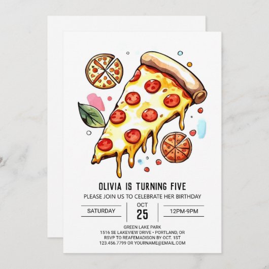 Printable Whimsical Pizza Verjaardag Kaart (Voorkant / Achterkant)