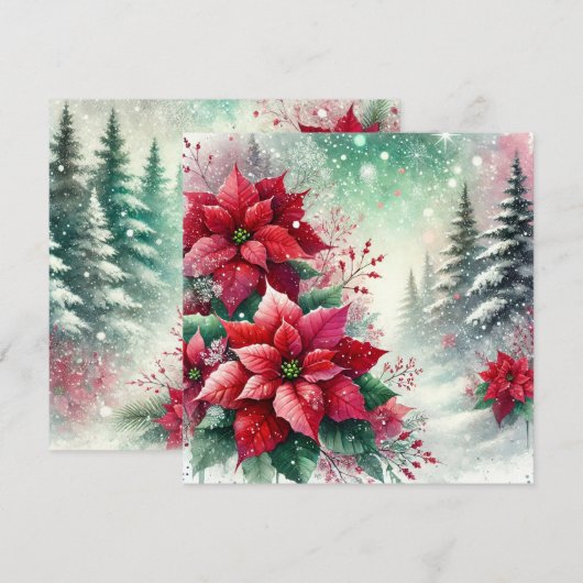 Printable Whimsical Winter Wonderland Poinsettia Kaart (Voorkant / Achterkant)