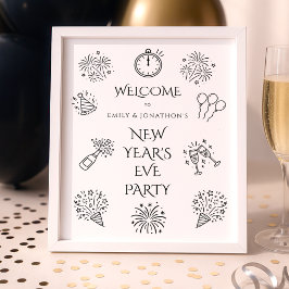 Printbare Doodles Zwart Welkom op Nieuwjaarsfeest Poster