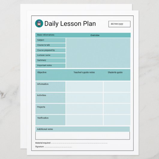 Printbare Sjabloon van Lesson Planner (Voorkant / Achterkant)