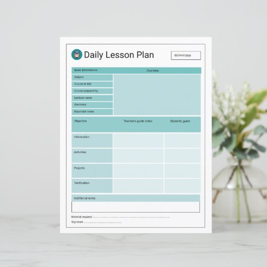 Printbare Sjabloon van Lesson Planner (Staand voorkant)