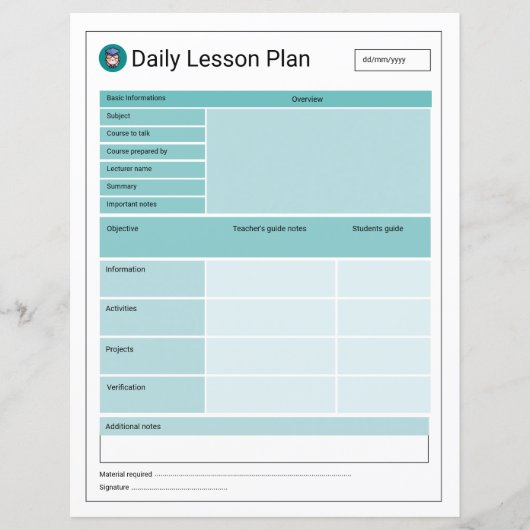 Printbare Sjabloon van Lesson Planner (Voorkant)