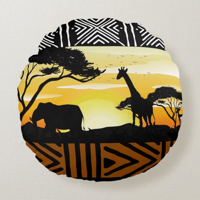 Printed African Safari Scene Round Pillow Rond Kussen (Voorkant)