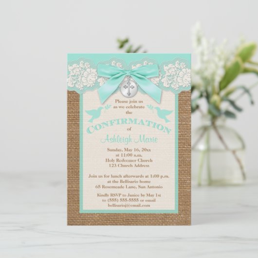 PRINTED BOW & CHARM Aqua Bevestiging Uitnodigen Kaart (Staand voorkant)