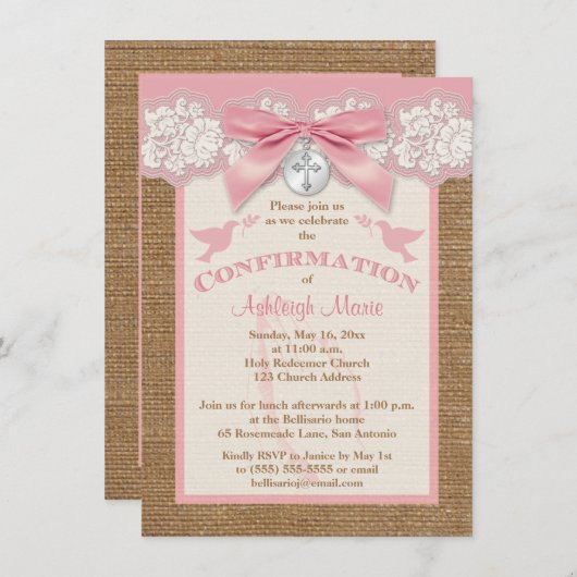 PRINTED BOW & CHARM roze bevestiging nodigt uit Kaart (Voorkant / Achterkant)