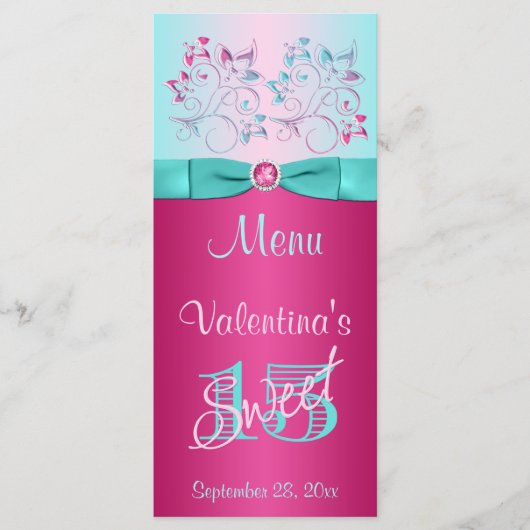 PRINTED BOW Pink, Aqua Floral Sweet 15 Menu Kaart (Voorkant)