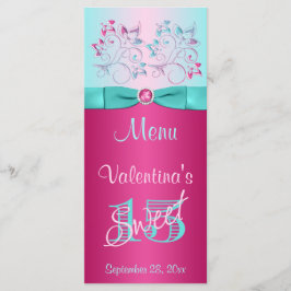 PRINTED BOW Pink, Aqua Floral Sweet 15 Menu Kaart