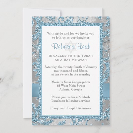 PRINTED Bow - Winter Wonderland Bat Mitzvah Invite Kaart (Achterkant)