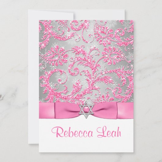 PRINTED Bow - Winter Wonderland Bat Mitzvah - Roze Kaart (Voorkant)