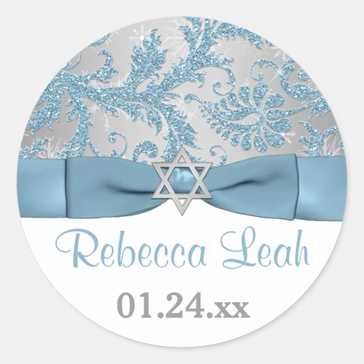 PRINTED Bow - Winter Wonderland Damask Bat Mitzvah Ronde Sticker (Voorkant)