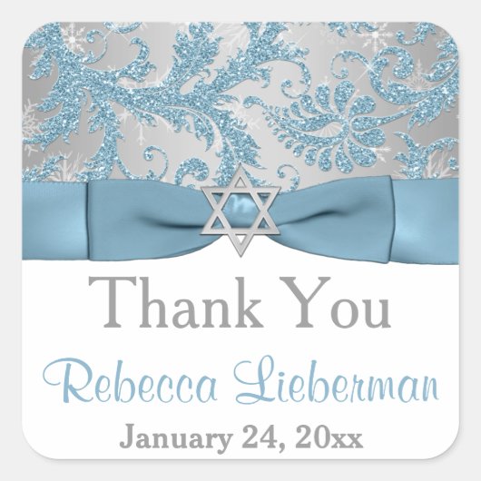PRINTED Bow - Winter Wonderland Damask Bat Mitzvah Vierkante Sticker (Voorkant)