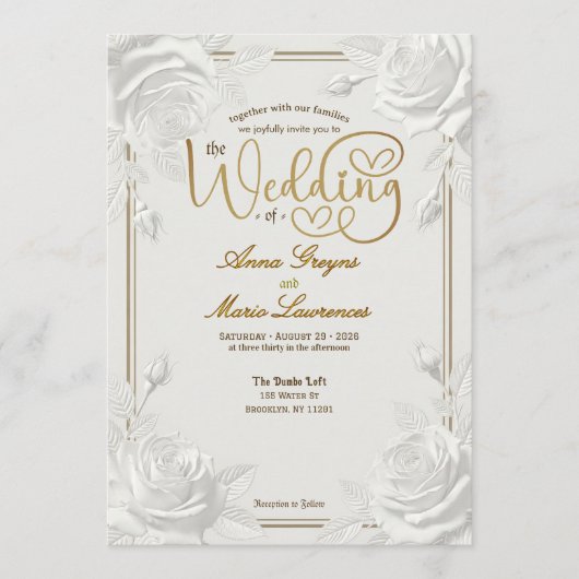 Printed Embossed White Rose Faux Gold Wedding Kaart (Voorkant)