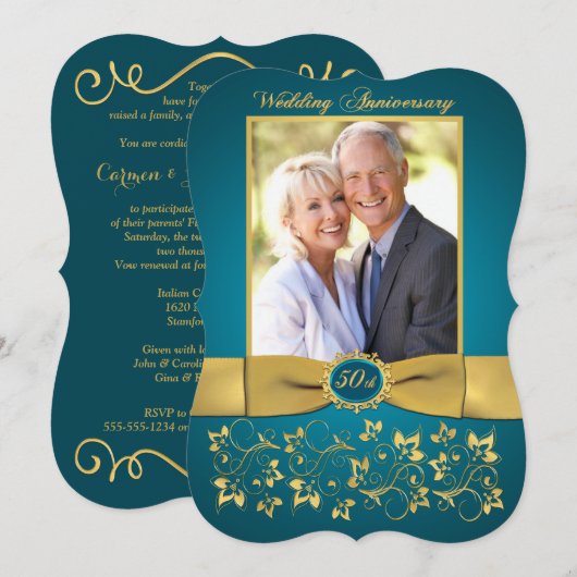 PRINTED RIBBON 50th Jubileum Invite - Blauwgroen Kaart (Voorkant / Achterkant)