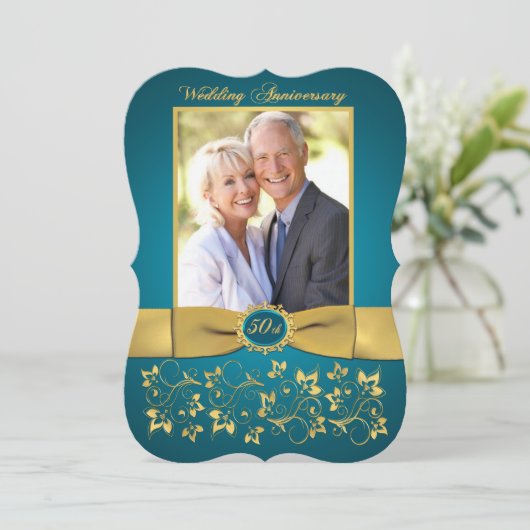 PRINTED RIBBON 50th Jubileum Invite - Blauwgroen Kaart (Staand voorkant)