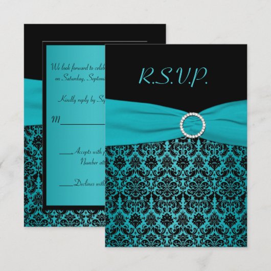 PRINTED RIBBON Aqua, Black Damask Reply Kaart (Voorkant / Achterkant)